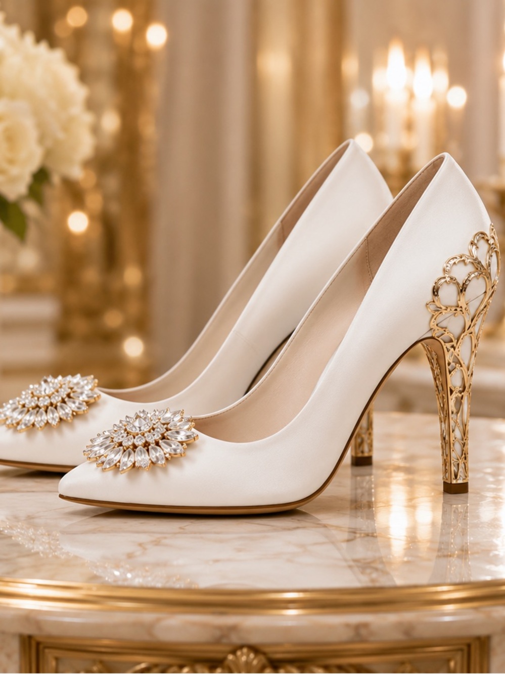 Luxury White Gold Bridal Heels Rhinestone Wedding Shoes Crystal Pumps Bride Heel